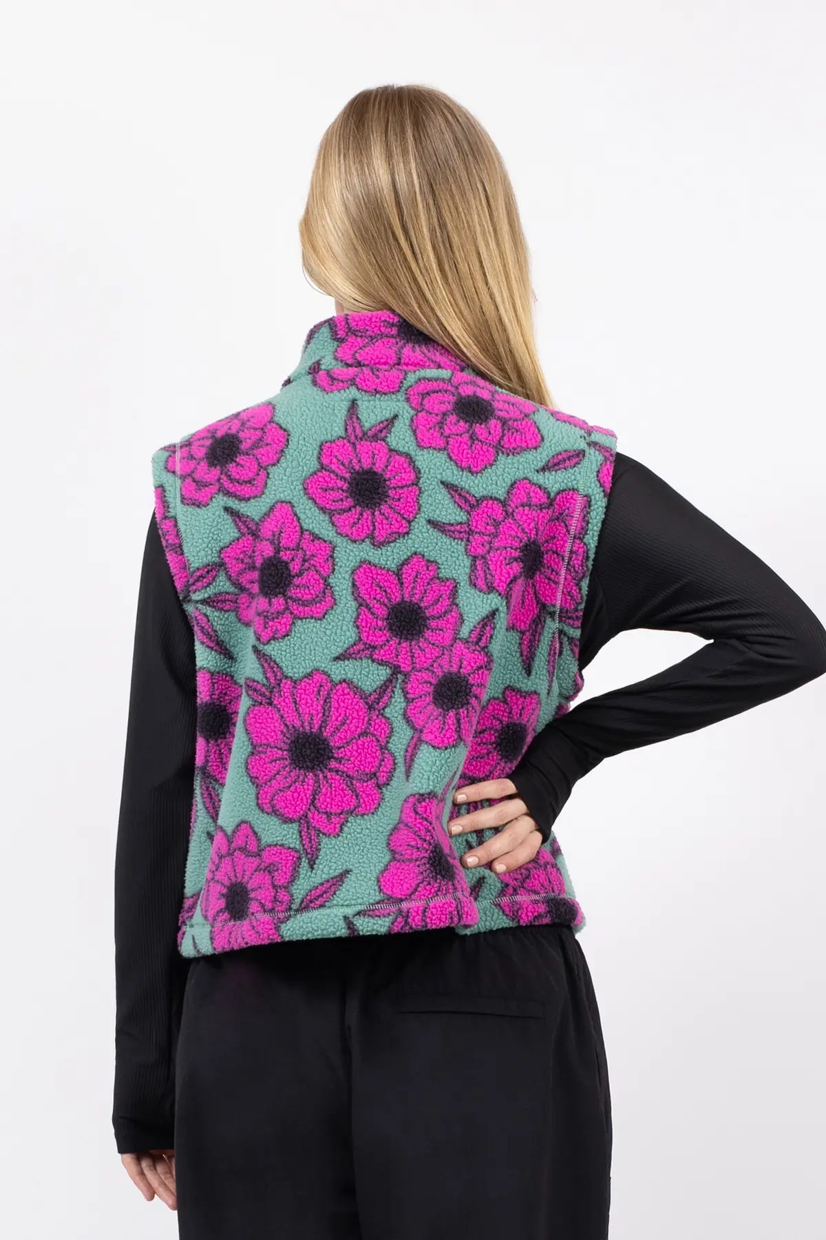 Boxy Sherpa Vest - Turquoise Flower